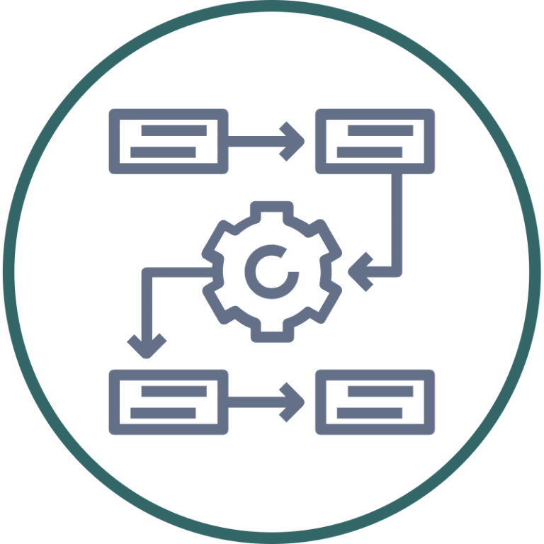 Change Management Icon featuring a gear with a check mark, surrounded by arrows and shapes.