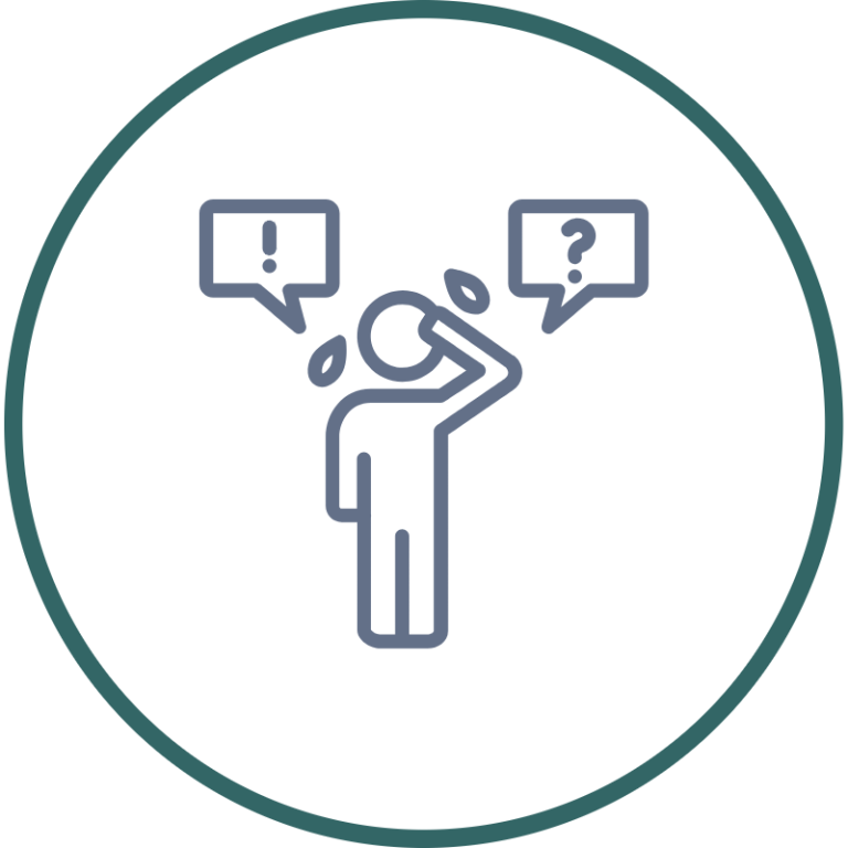 Grievances A person standing with a raised hand, surrounded by questions and exclamation marks.