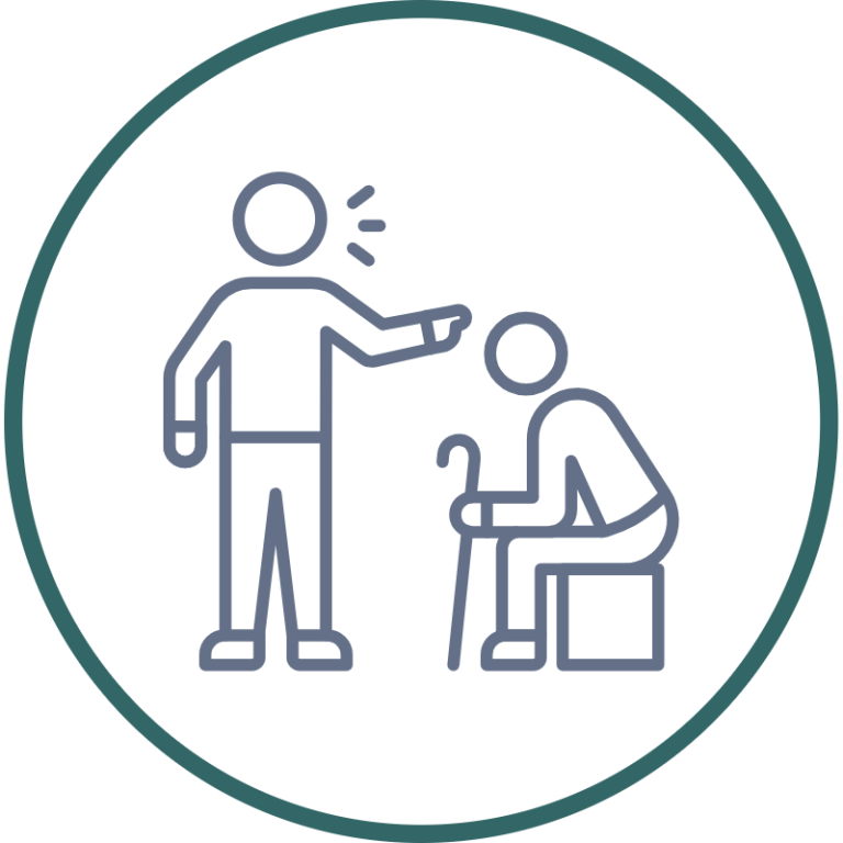 Harassment A person talking to another sitting with a cane, both depicted in a simple outline style.
