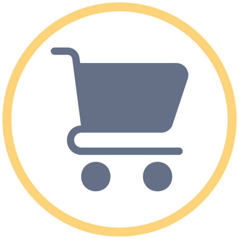 What we offer Shopping cart icon on a grey background.