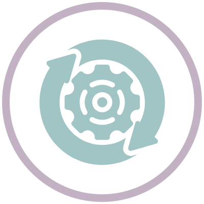 Change Management Icon featuring a gear with a check mark, surrounded by arrows and shapes.