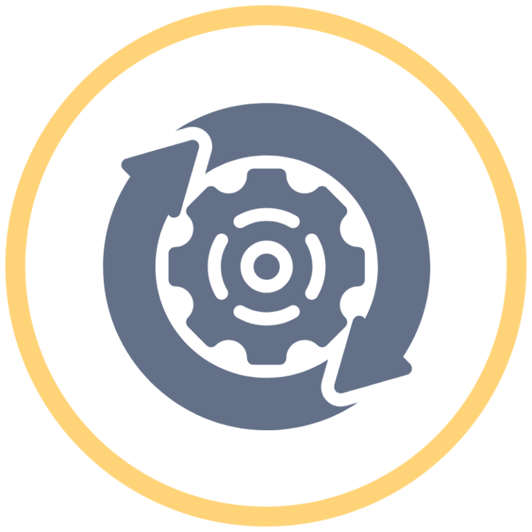 Change Management Icon featuring a gear with a check mark, surrounded by arrows and shapes.