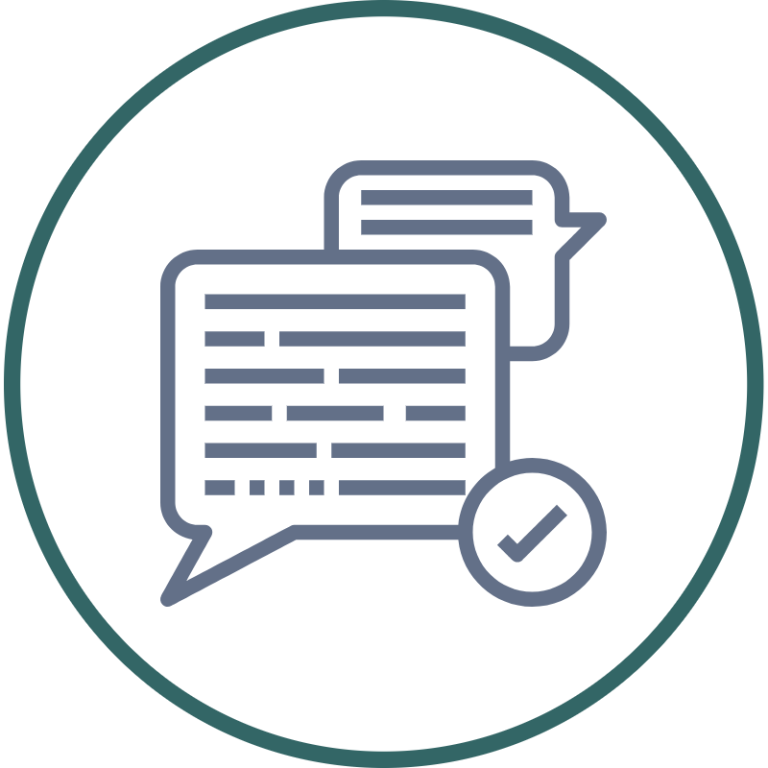 Feedback Two speech bubbles with text and a checkmark, are set against a grey background.